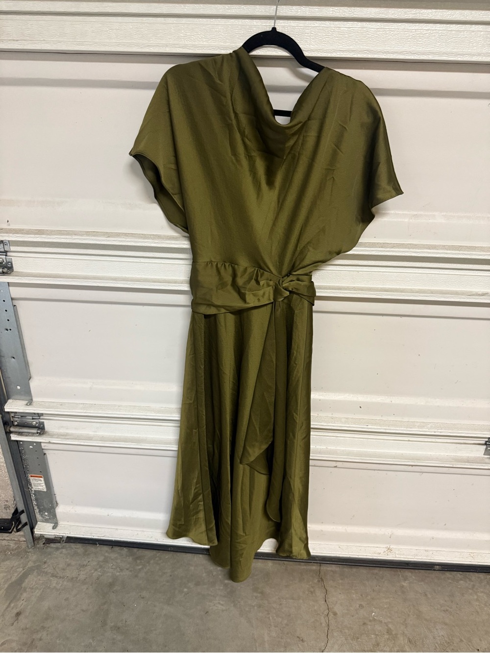 BHLDN Olive Satin Midi Dress with Tie Waist